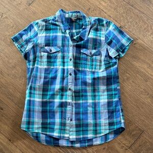 Eddie Bauer Teal and Navy Plaid Women's Button-Down Shirt